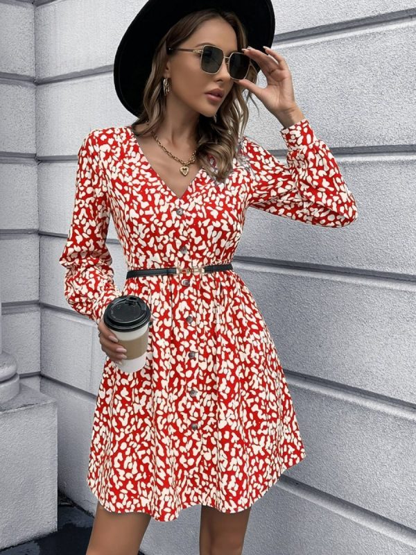Animal Print Buttoned V-Neck Long Sleeve Dress